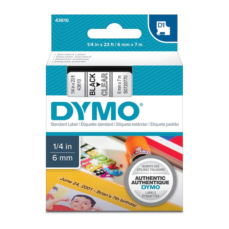 DYMO Black on Clear 6mm x 7m Tape roll showcasing its clear background and black text for labeling.